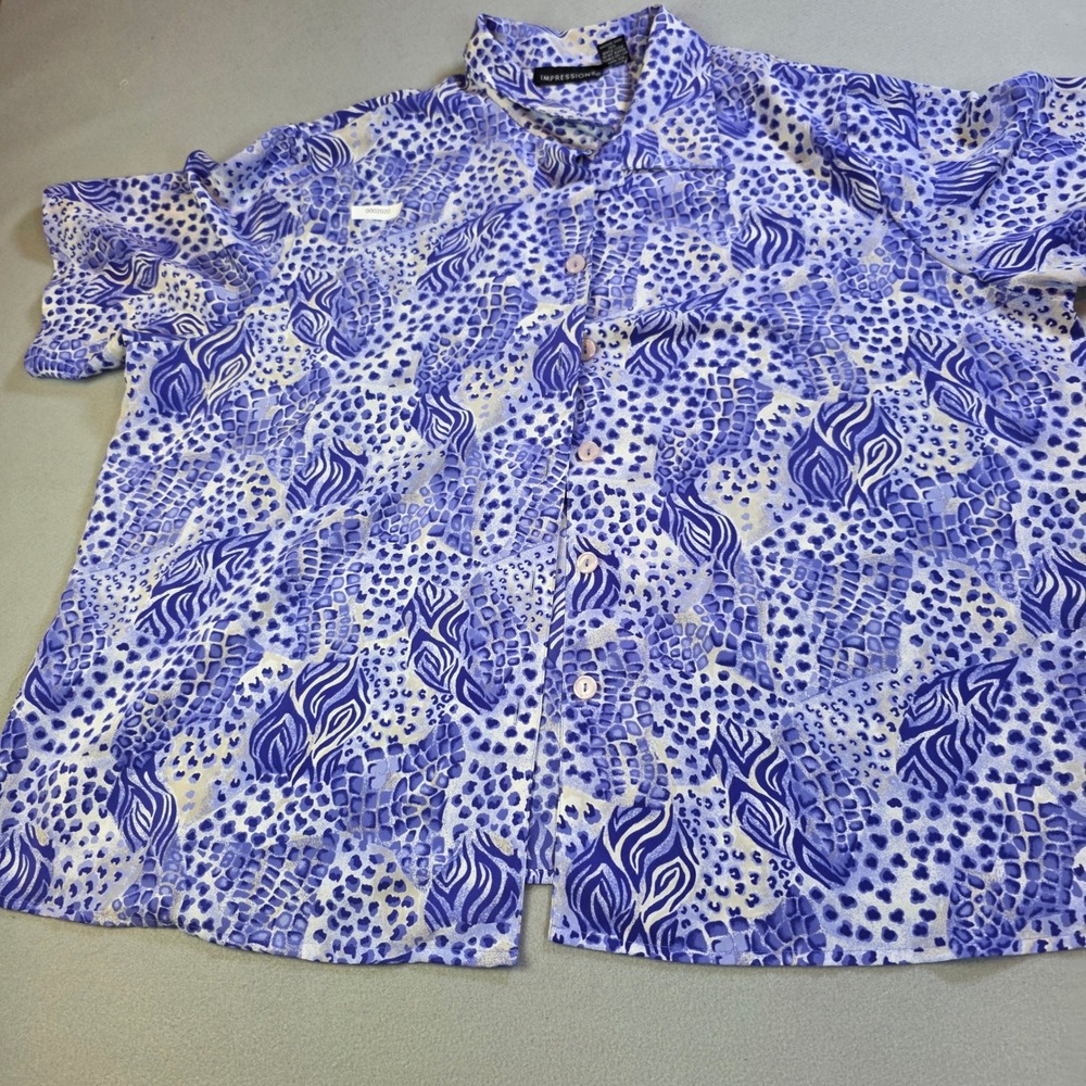 Impressions Purple Blue Animal Print Button Down Shirt Plus Size 24 Short Sleeve